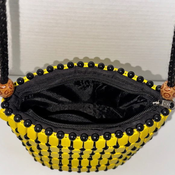 Kenyan Handmade Wooden Bead Mini Bucket Bag, Yellow+Black, Rufina Designs - Picture 3 of 9